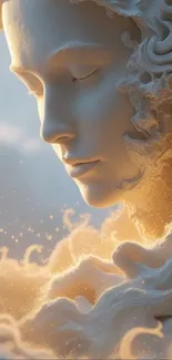 Serene marble sculpture with soft cloud accents.