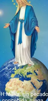 Virgin Mary with stars, globe background.