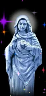 Marian statue with starry background.