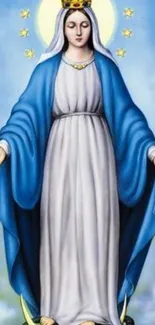 Serene artwork of Mary with blue robe and crown.