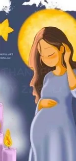 Pregnant woman illustration with candles and star in a peaceful setting.