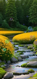 Calming stream through meadow with yellow blooms.