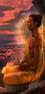 Meditative figure glowing in a sunset landscape, evoking peaceful serenity.