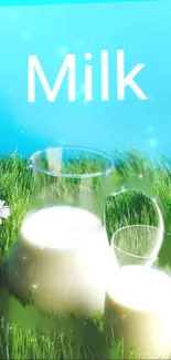 Milk jug on meadow with blue sky background for mobile wallpaper.