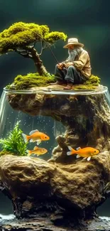 Miniature fisherman atop an aquarium with goldfish and greenery.