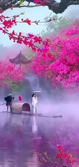 Misty river with vibrant cherry blossoms and a small boat.
