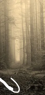 Misty forest path with tall trees in sepia tones.