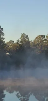 Misty forest scene with lake and trees under light blue sky.