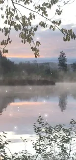 Misty morning lake with trees and soft colors creating a tranquil scene.