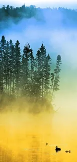 Misty lake landscape with trees and golden reflection.