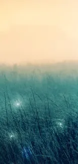 Serene misty meadow at sunrise with glowing lights.