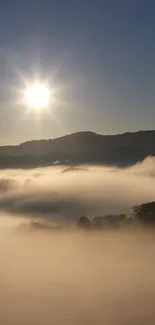 Sunrise over misty hills creating a serene and peaceful atmosphere.