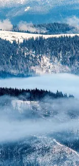 Snow-covered mountain landscape with misty forest view.