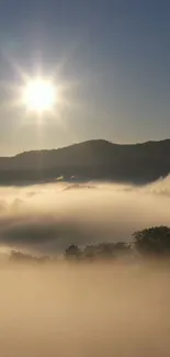 Tranquil misty sunrise with soft light over a serene landscape.