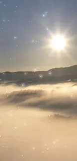 Serene sunrise over misty mountain landscape with glowing sun.