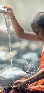 Young monk pouring water in peaceful, serene setting.