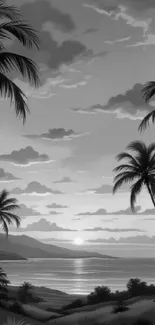 Monochrome beach sunset with palm trees and mountains.