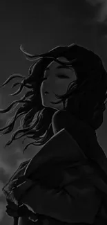 Monochromatic artwork of a serene woman with flowing hair in a minimalist style.