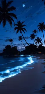 Moonlit beach with palm trees and ocean waves at night.