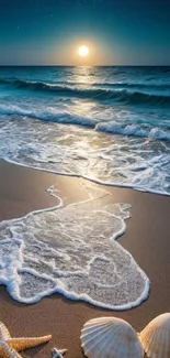 Moonlit beach scene with waves and seashells.