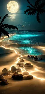 Moonlit beach with glowing sands and palm silhouettes under a full moon.