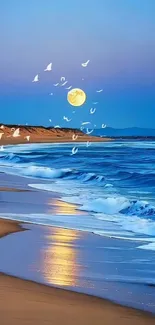 Moonlit beach with waves and birds at dusk.