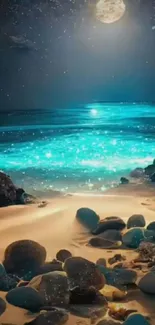 Moonlit beach with glowing sand and sparkling teal blue water at night.