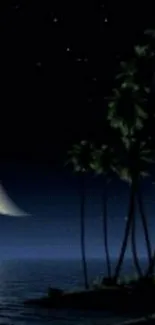 Moonlit beach with crescent moon and palm trees.