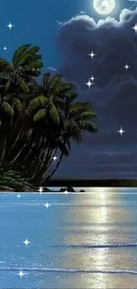 Moonlit beach with palm trees and ocean reflections.