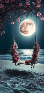 Moonlit beach swing surrounded by flowers under a starry sky.