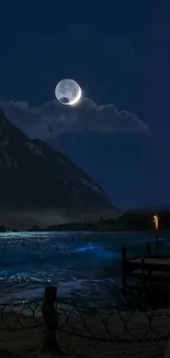 Serene moonlit beach with mountain and ocean at night.