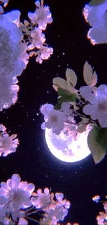 Moonlit cherry blossoms with a full moon and stars, creating a serene night view.