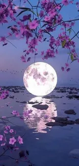 Moonlit water with pink blossoms reflecting serene beauty.