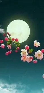 Moonlit scene with pink blossoms and a dark blue sky.