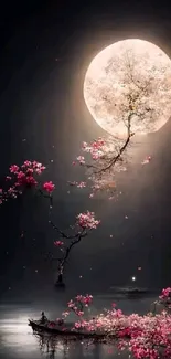 Moonlit blossom with full moon and vibrant pink flowers.