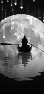 A lone boat rows under a bright full moon with its reflection on still waters.