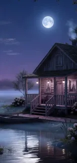Rustic cabin by moonlit lake at night.