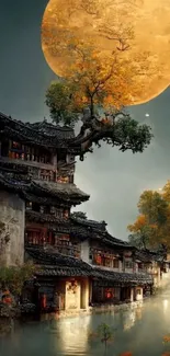 Moonlit scene of a Chinese village with golden hues and traditional architecture.