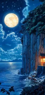 Serene moonlit coastal scene with bright moon.
