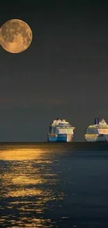 Two cruise ships under full moon with ocean reflection.