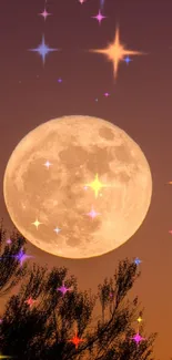 Full moon over dark silhouette branches against purple and orange sky.