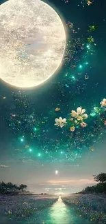 Enchanting wallpaper with moon, flowers, and a serene path under a dark teal sky.