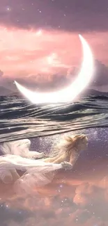 Crescent moon over ocean with fantasy underwater scene.