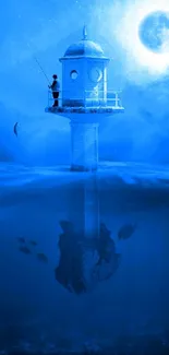 Moonlit lighthouse and fishing scene with underwater view.