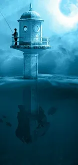 Lighthouse fishing scene with moonlit ocean and underwater reflection.