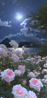 Moonlit rose garden by a calm lake at night.