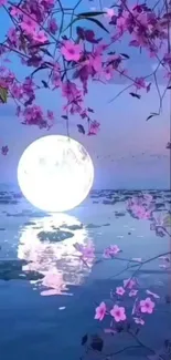 Full moon reflection with pink flowers over a serene lake.