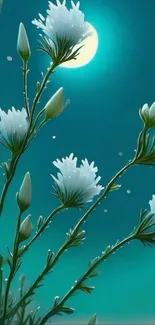 Moonlit flowers against teal sky wallpaper