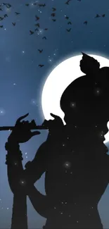 Silhouette of a flute player against the moon with birds and starry sky.