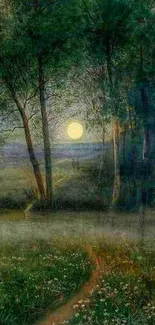 Moonlit path through a tranquil forest landscape.